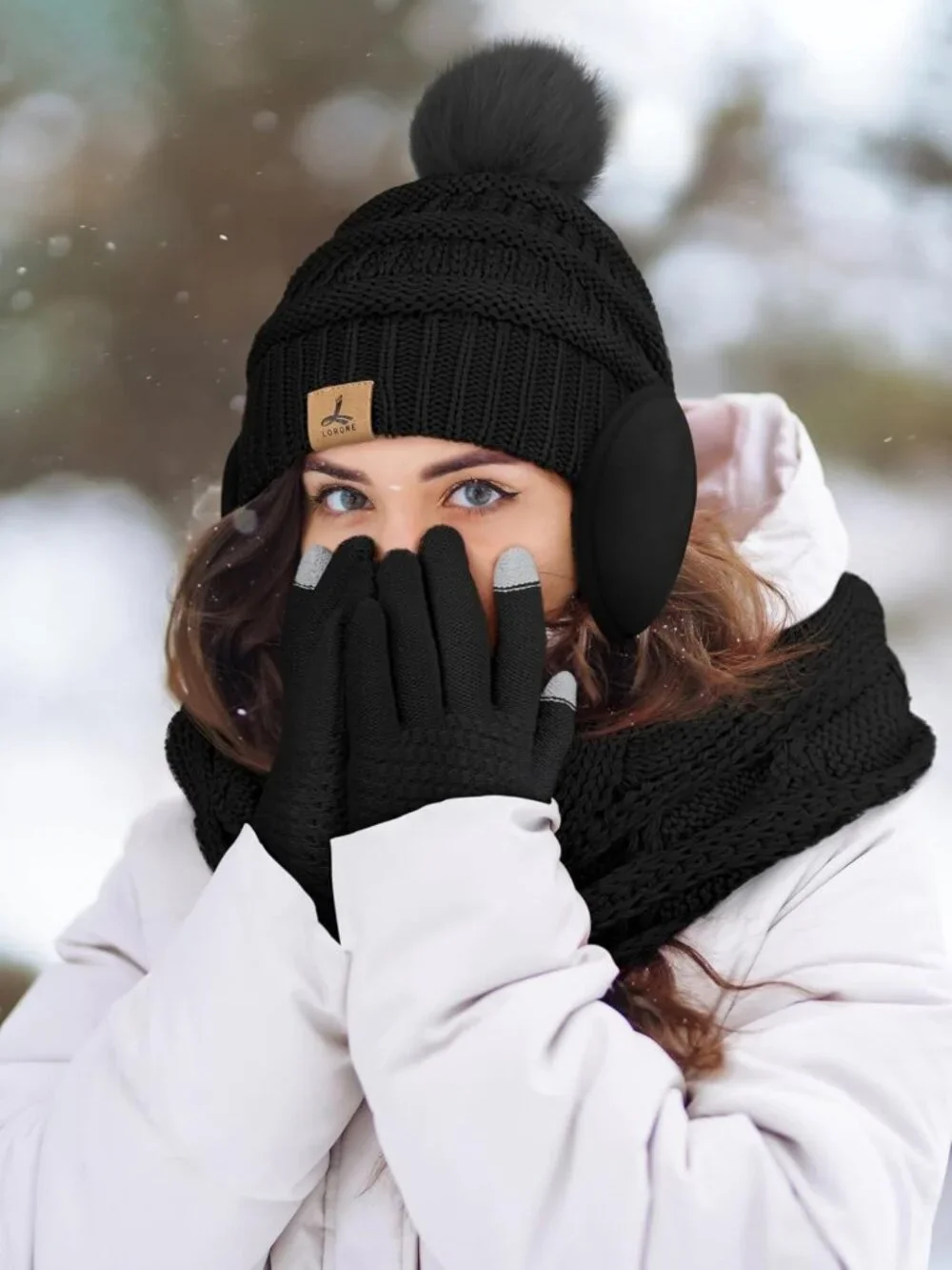 Cozy Winter Beanie, Scarf & Gloves Set with Ear Muffs - Touchscreen, One Size